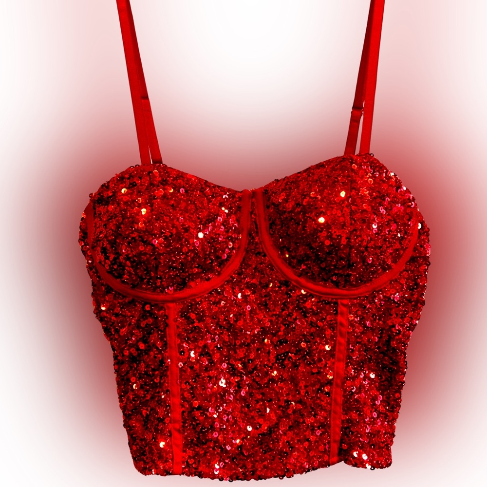 Med 8-10 Sexy Sequin Bling Bling Red Bustier Corset Top Adjustable Straps NWT